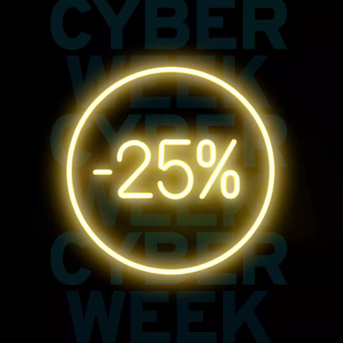 In neon staat -25%. Tekst: CYBER WEEK -25% op onze eigen merkproducten* met de actiecode 1050226. Klik hier om snel te profiteren