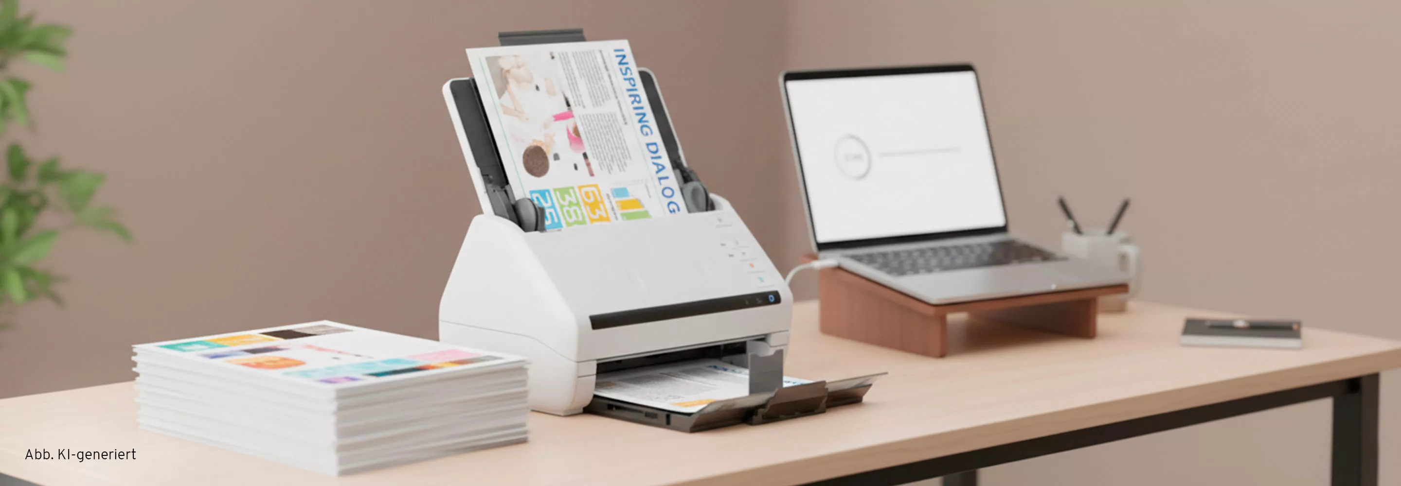 Dokumentenscanner auf Schreibtisch zum Digitalisieren von Papierdokumenten im modernen Büro