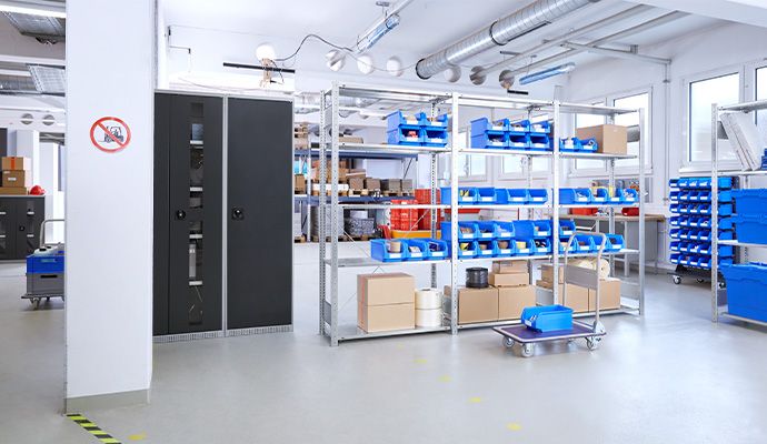 Lager mit einem Stahlschrank und Lagerregale