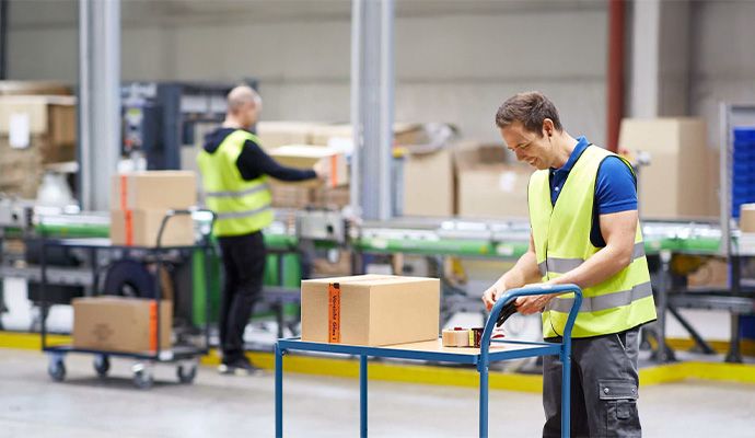 Zwei Männer arbeiten in einem Lager.