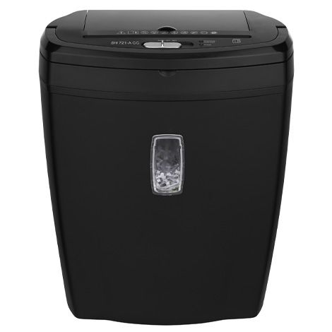 Ein schwarzer Aktenvernichter vor weißem Hintergrund. Sichtbar sind die Einwurföffnung, Bedienelemente und ein Sichtfenster für den Füllstand.