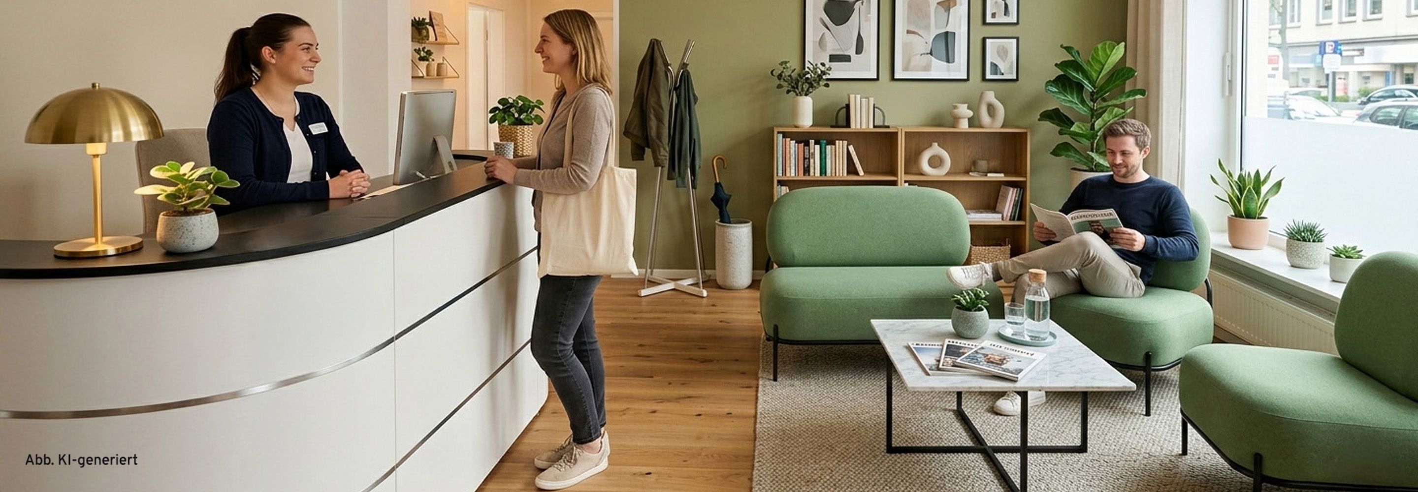 Modernes Wartezimmer mit Lounge-Sesseln, Empfangstresen und großem Display mit aktueller Wartezeit-Anzeige.