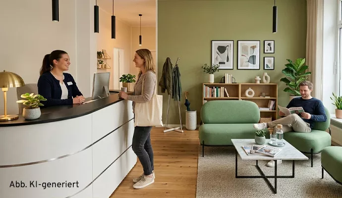 Modernes Wartezimmer mit Lounge-Sesseln, Empfangstresen und großem Display mit aktueller Wartezeit-Anzeige.