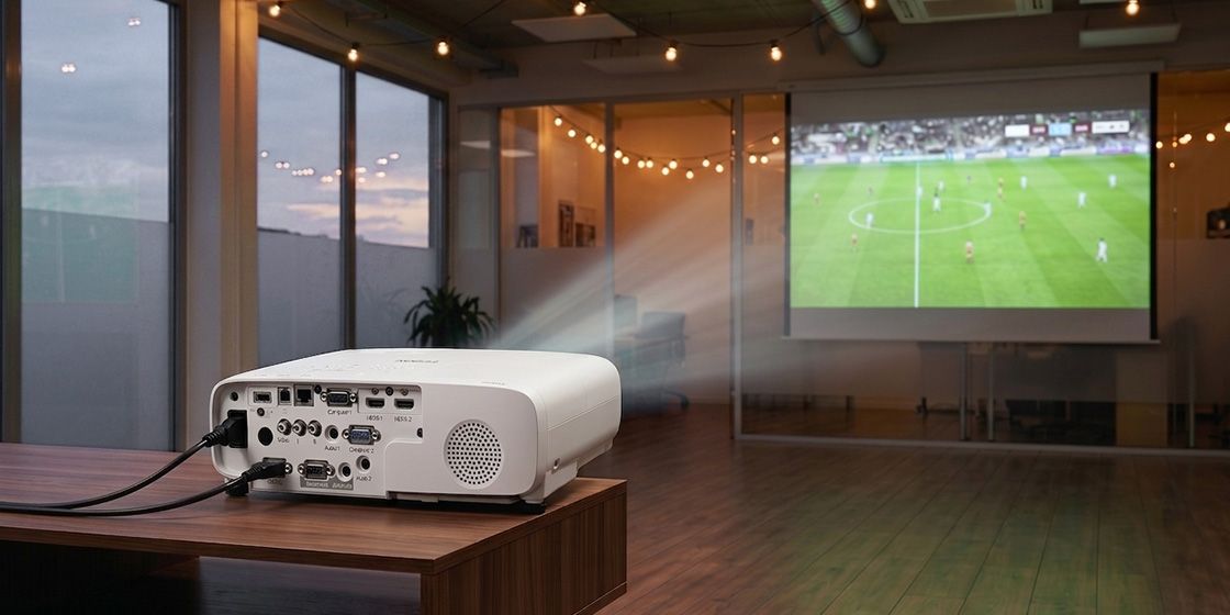 Beamer zeigt Fußballspiel auf Leinwand im Raum