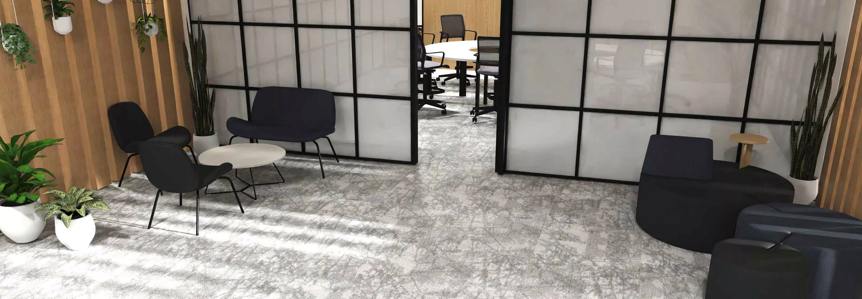 Moderne Büro-Begegnungszone mit Sitzmöbeln, Pflanzen, Holzwand und Glas-Trennwand