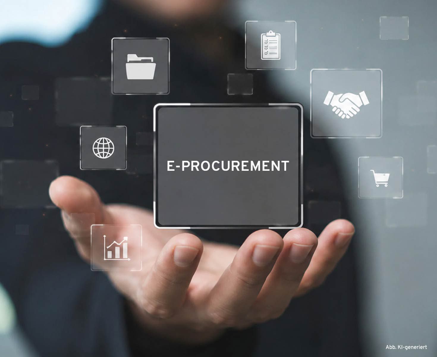 Hand hält digitale Kachel mit der Aufschrift E-Procurement umgeben von icons für dokumente, verträge, globalen handel, einkaufswagen und analysen