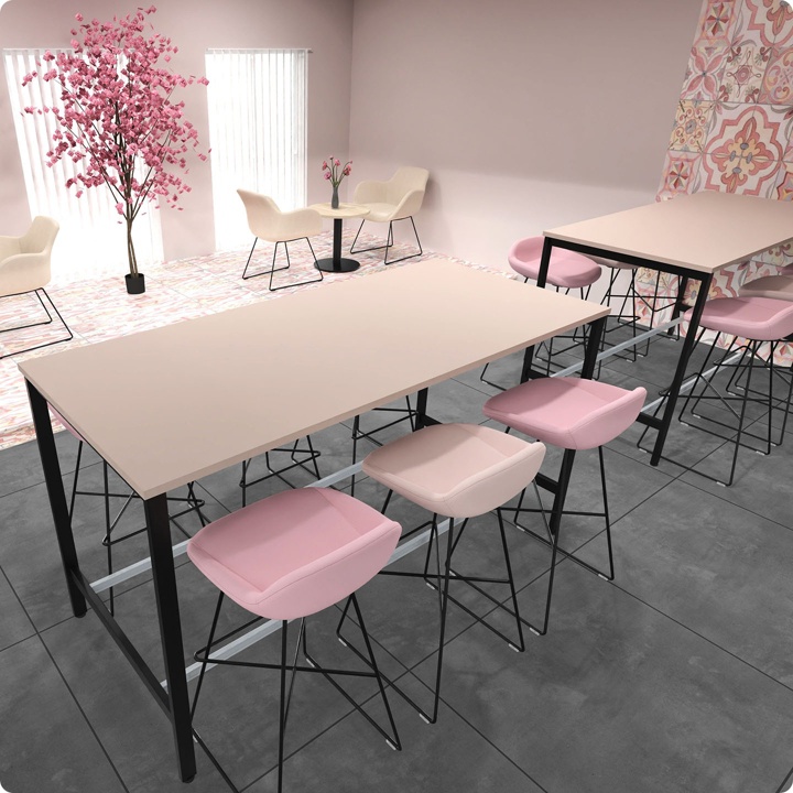 Stehtisch mit rosa Barhockern in moderner Lounge-Ecke
