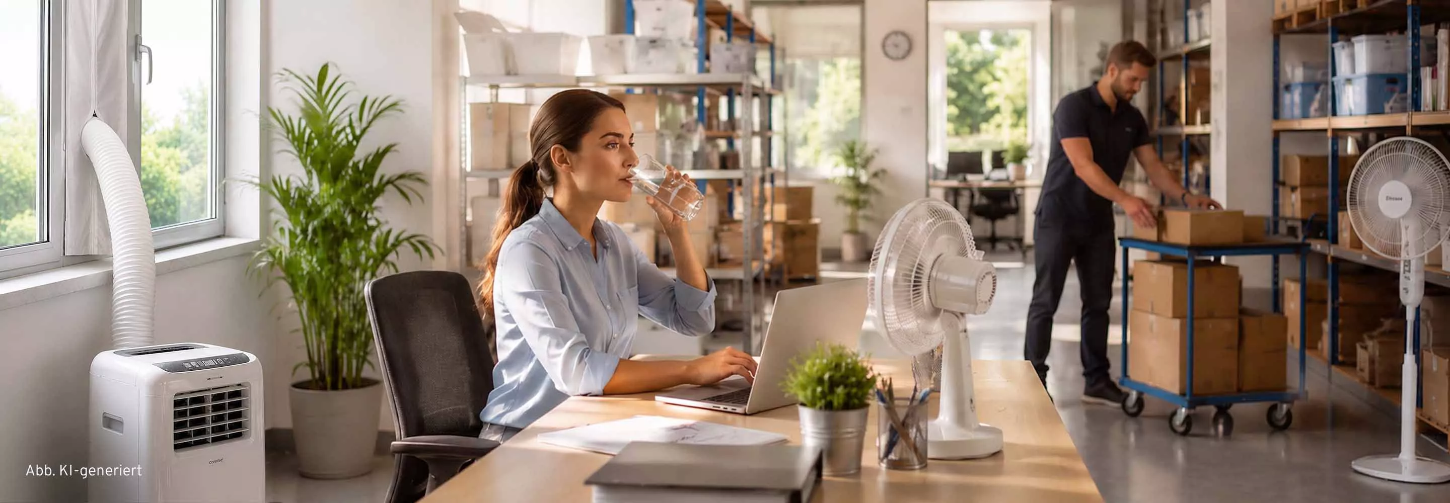 Büro- und Lagerarbeitsplatz mit mobilem Klimagerät und Ventilator