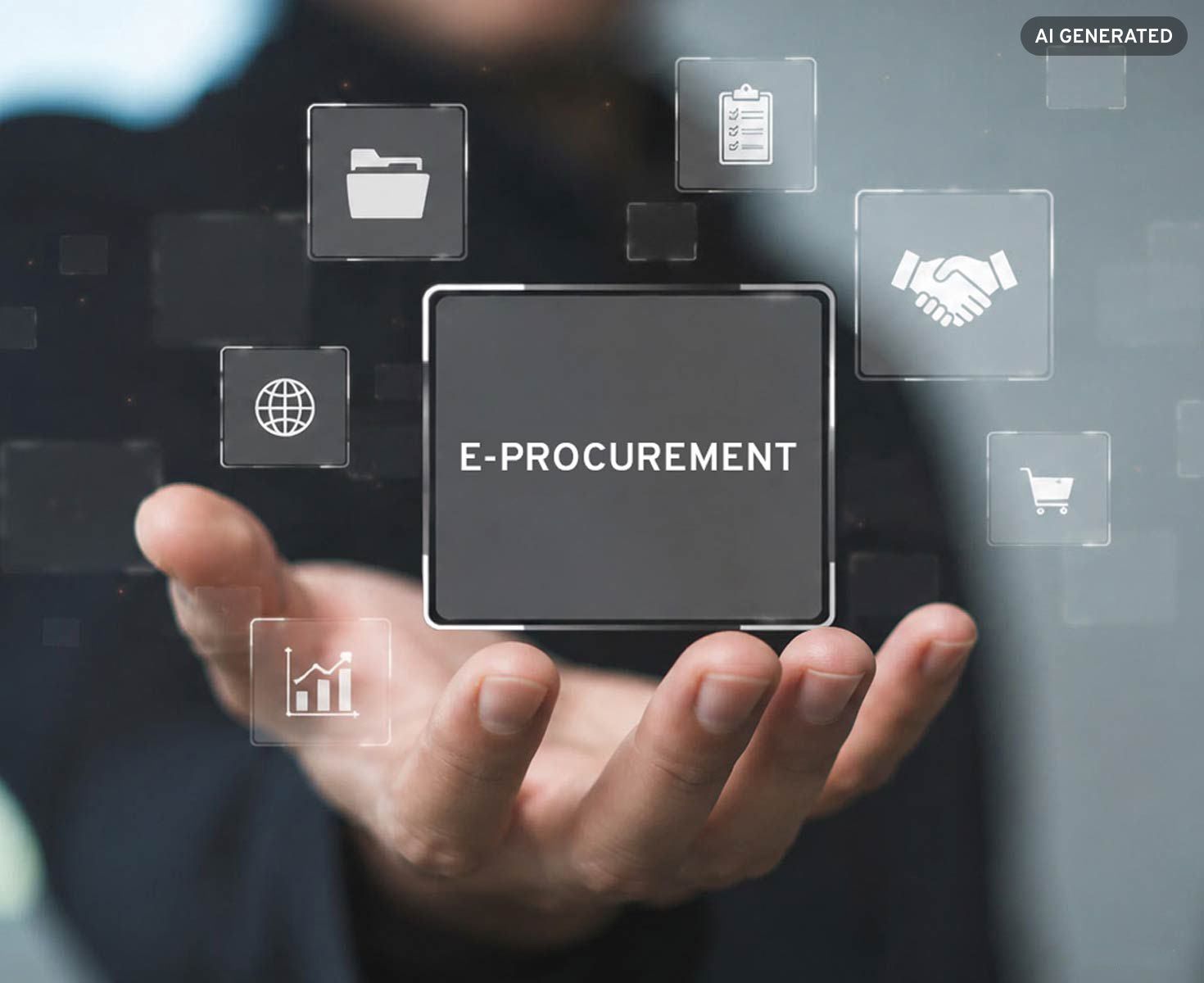 Hand hält digitale Kachel mit der Aufschrift E-Procurement umgeben von icons für Dokumente, Verträge, globalen Handel, Einkaufswagen und Analysen