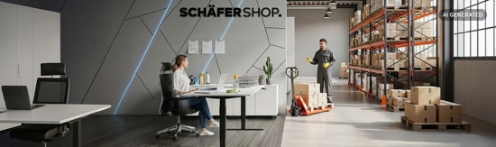 Büro mit Schreibtisch, Frau und Mann im Gespräch, Regal im Hintergrund, Hubwagen mit Paketen