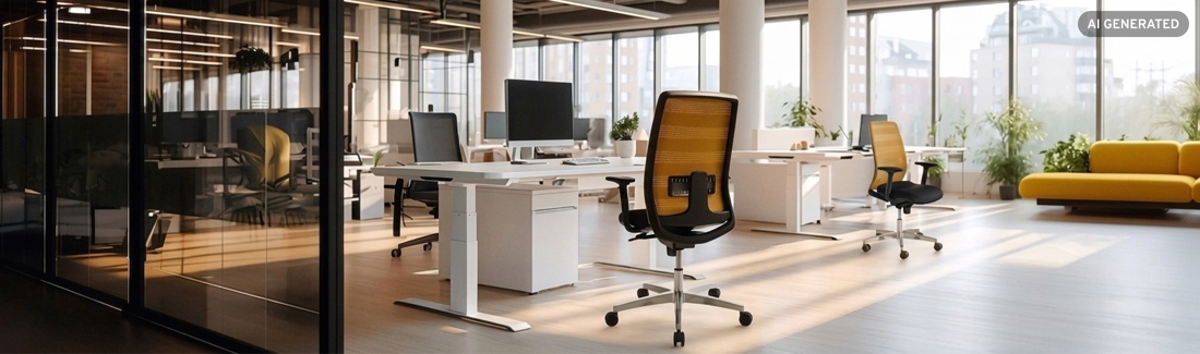 offenes Büro mit einem Schreibtisch und Bürostuhl in der Mitte