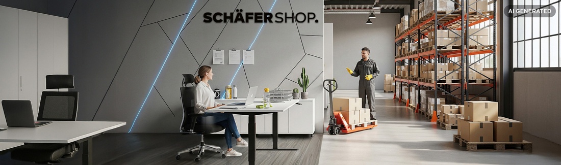 Büro mit Schreibtisch, Frau und Mann im Gespräch, Regal im Hintergrund, Hubwagen mit Paketen