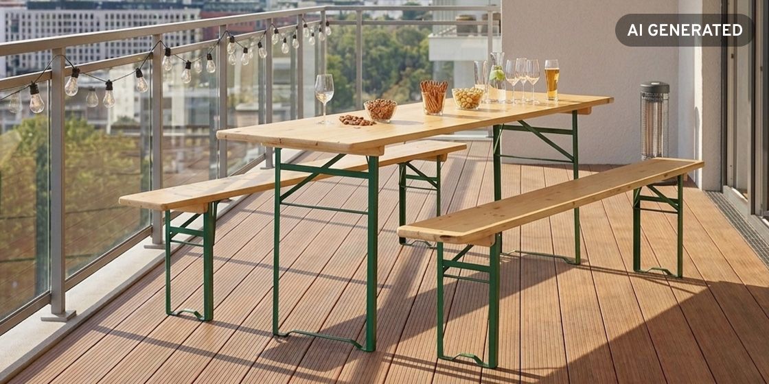 Festzeltgarnitur auf Balkon mit Snacks und Getränken