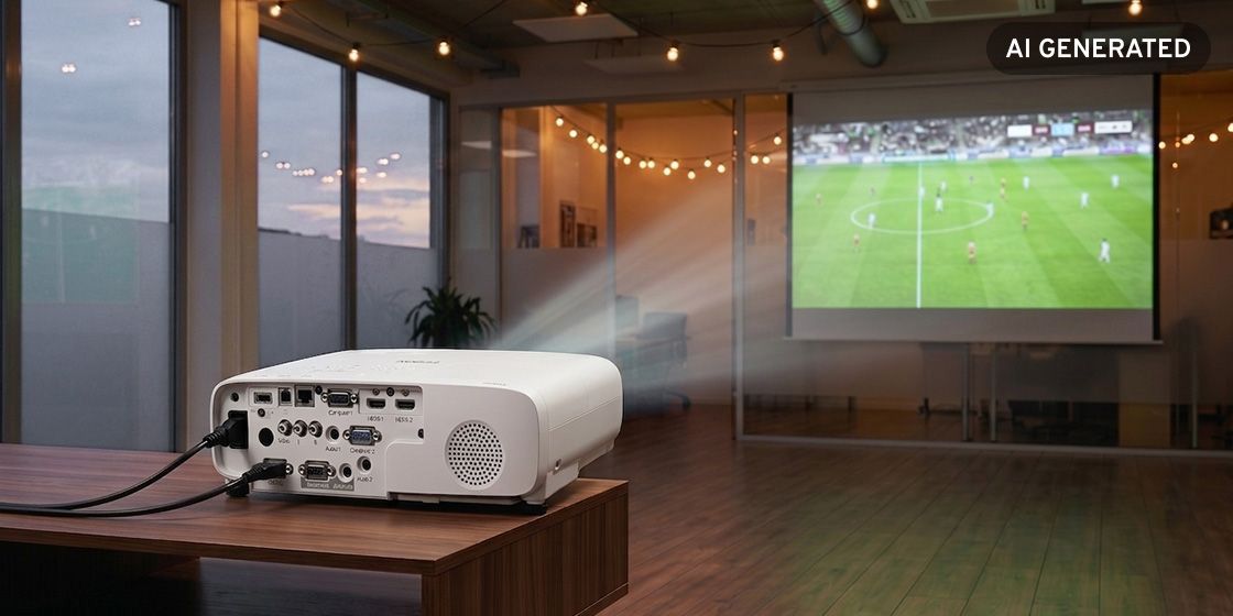 Beamer zeigt Fußballspiel auf Leinwand im Raum