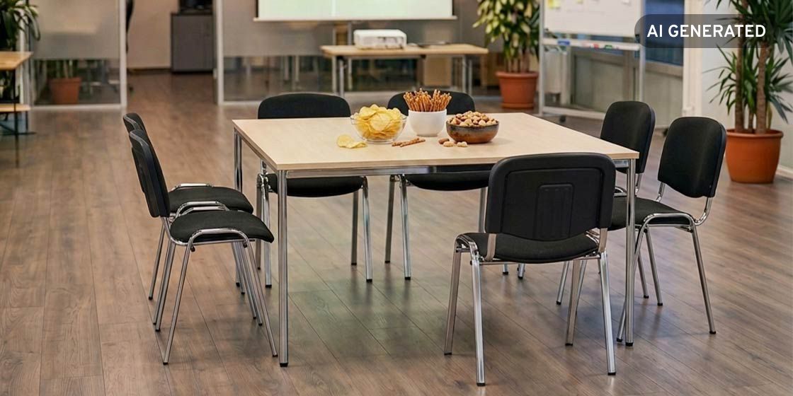 Tisch mit Stühlen und Snacks in einer gemütlichen Eventlocation