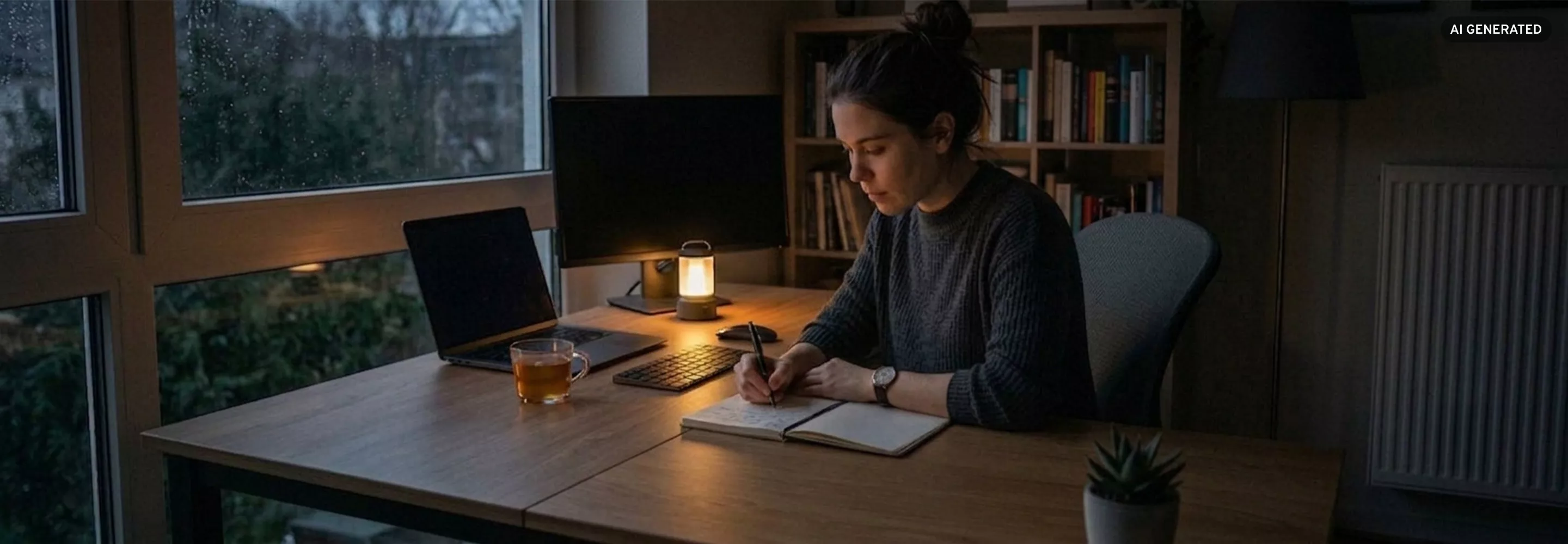 Frau arbeitet bei Stromausfall im Homeoffice mit Laptop, Kerze und Notfalllampe