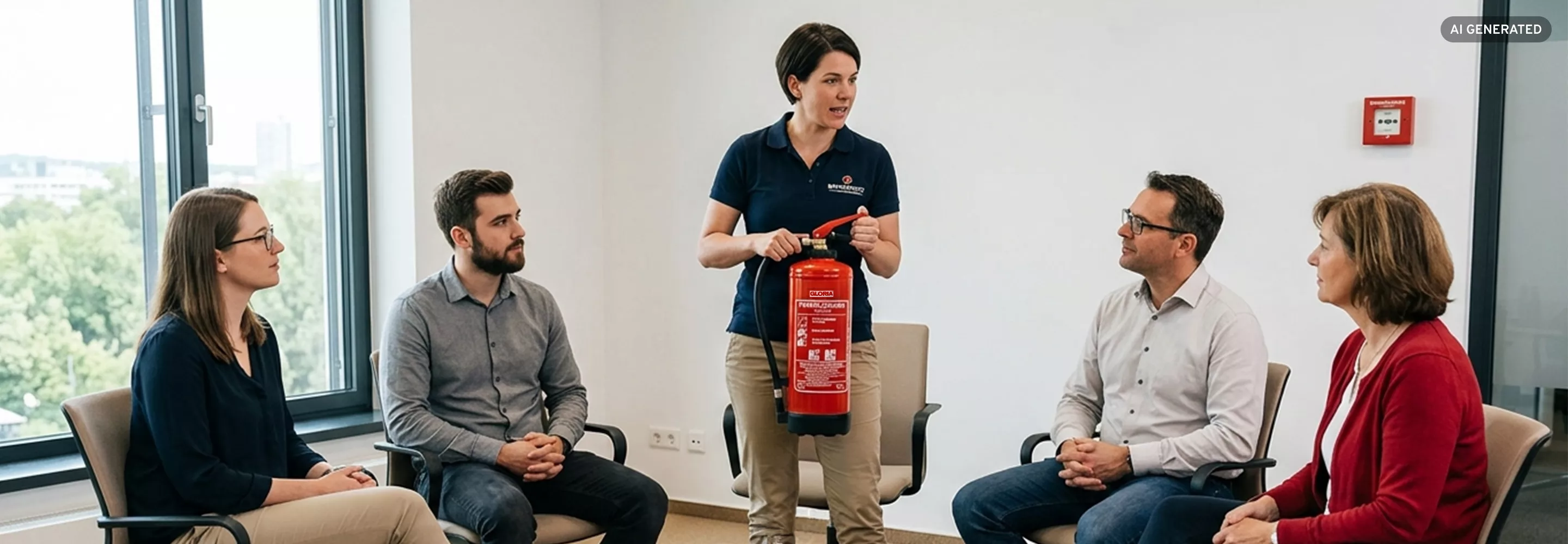 Brandschutzschulung von Büromitarbeitern zur Bedienung eines Feuerlöschers