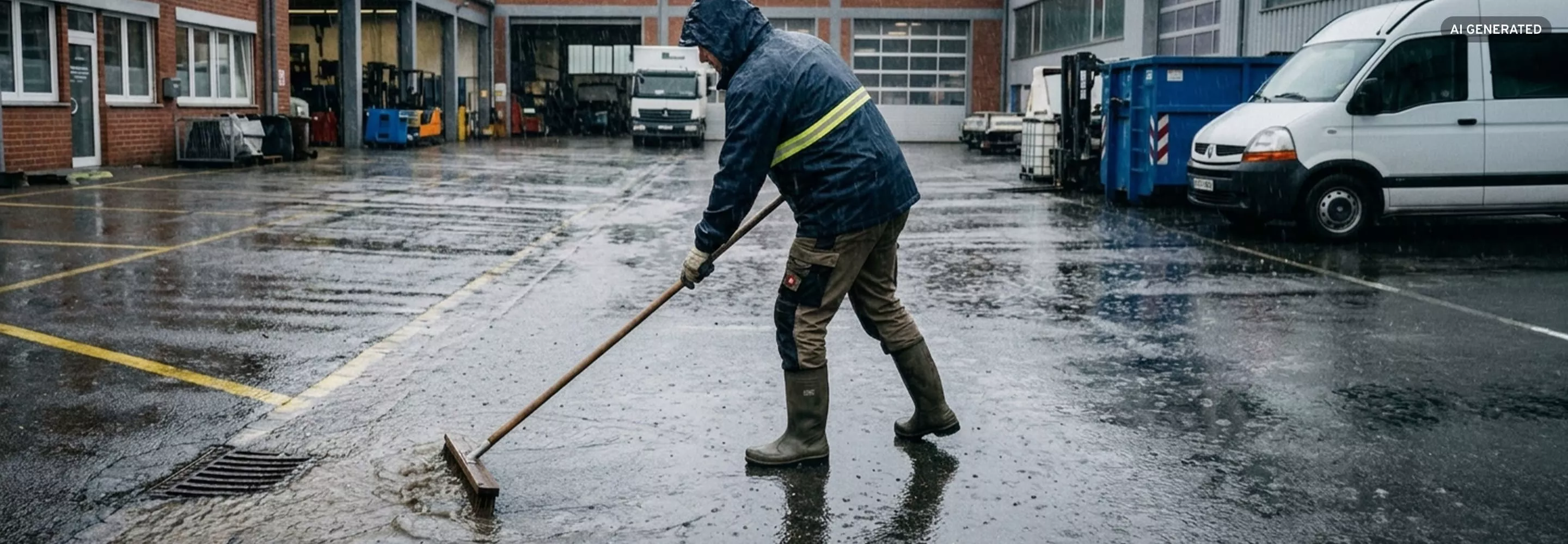 Firmengebäude mit Sandsäcken als Hochwasserschutz bei aufziehendem Unwetter
