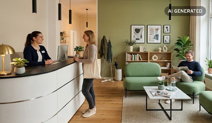 Modernes Wartezimmer mit Lounge-Sesseln, Empfangstresen und großem Display mit aktueller Wartezeit-Anzeige.