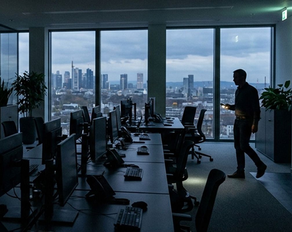 Eine Person befindet sich in einem dunklen Büro, da der Strom ausgefallen ist.