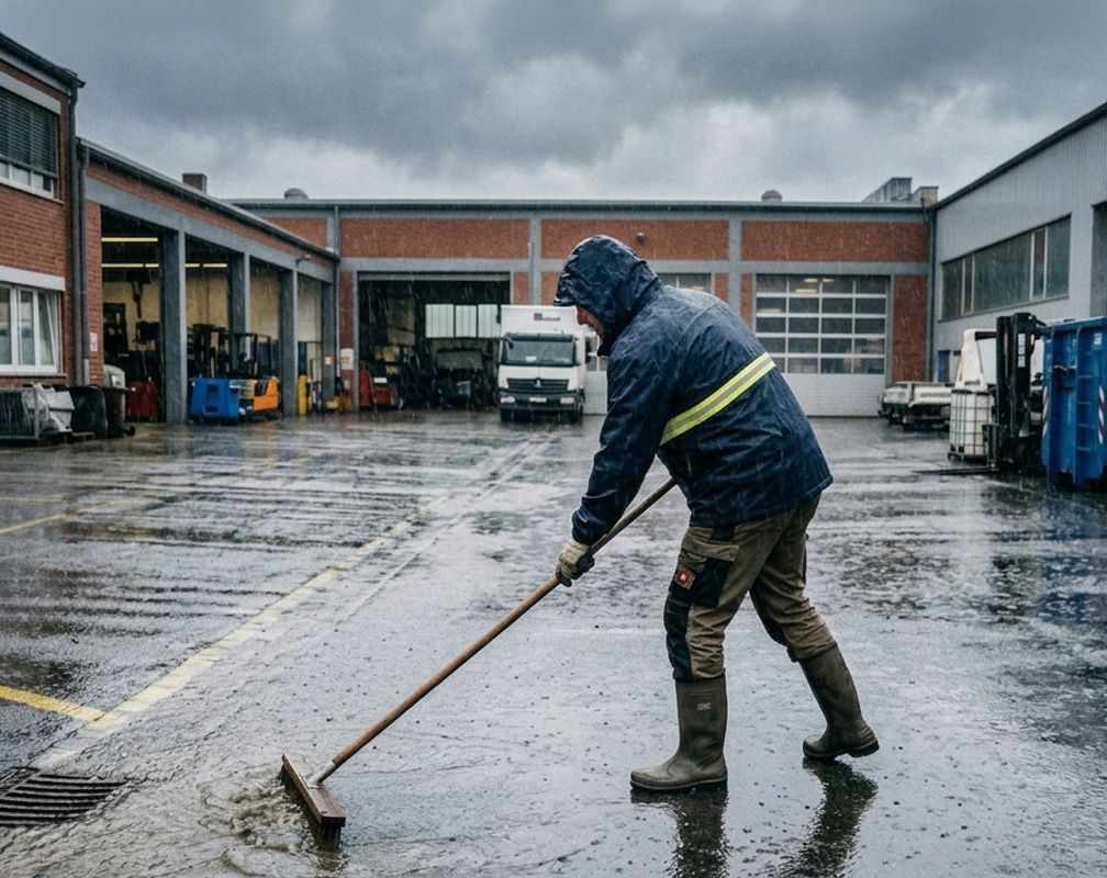 Eine Person schiebt nach einem Unwetter große Wassermengen vom Hof.