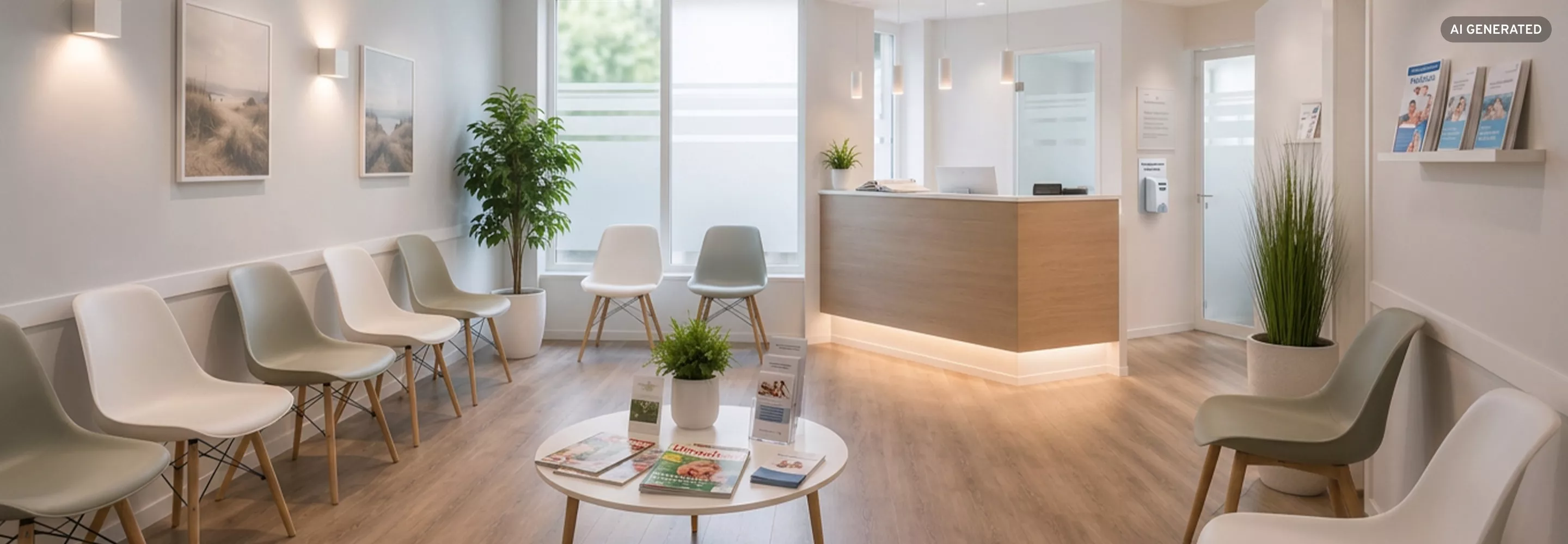 Modern gestaltetes Wartezimmer einer Arztpraxis mit Sitzgelegenheiten und Empfangstresen