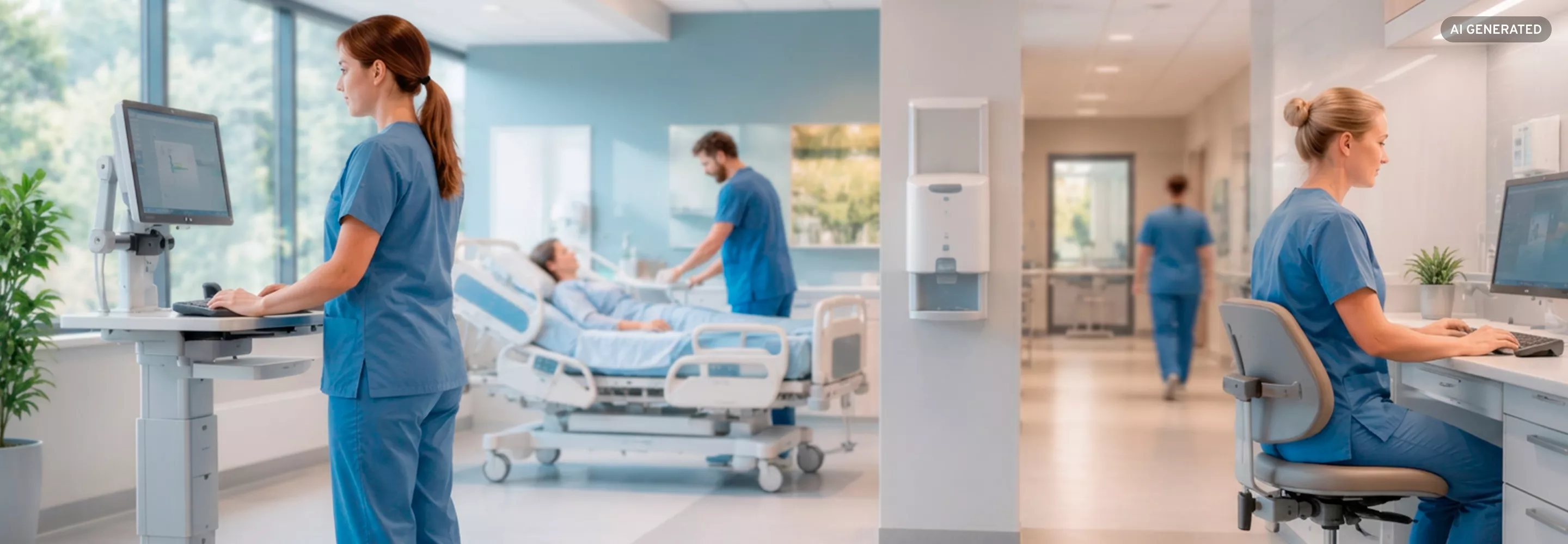 Pflegepersonal arbeitet an höhenverstellbaren Stehpulten und ergonomischen Arbeitsplätzen im Krankenhaus