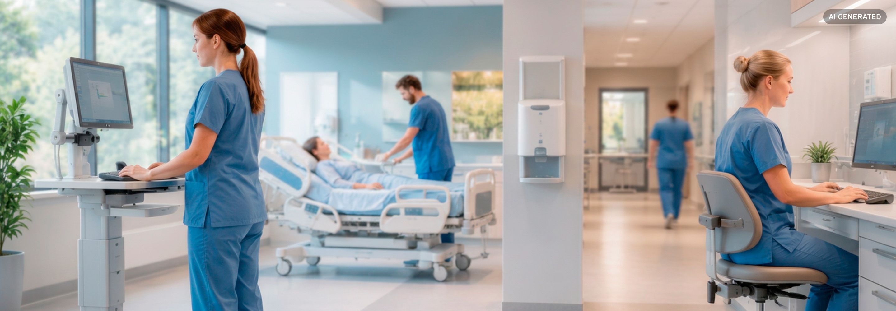 Pflegepersonal arbeitet an höhenverstellbaren Stehpulten und ergonomischen Arbeitsplätzen im Krankenhaus