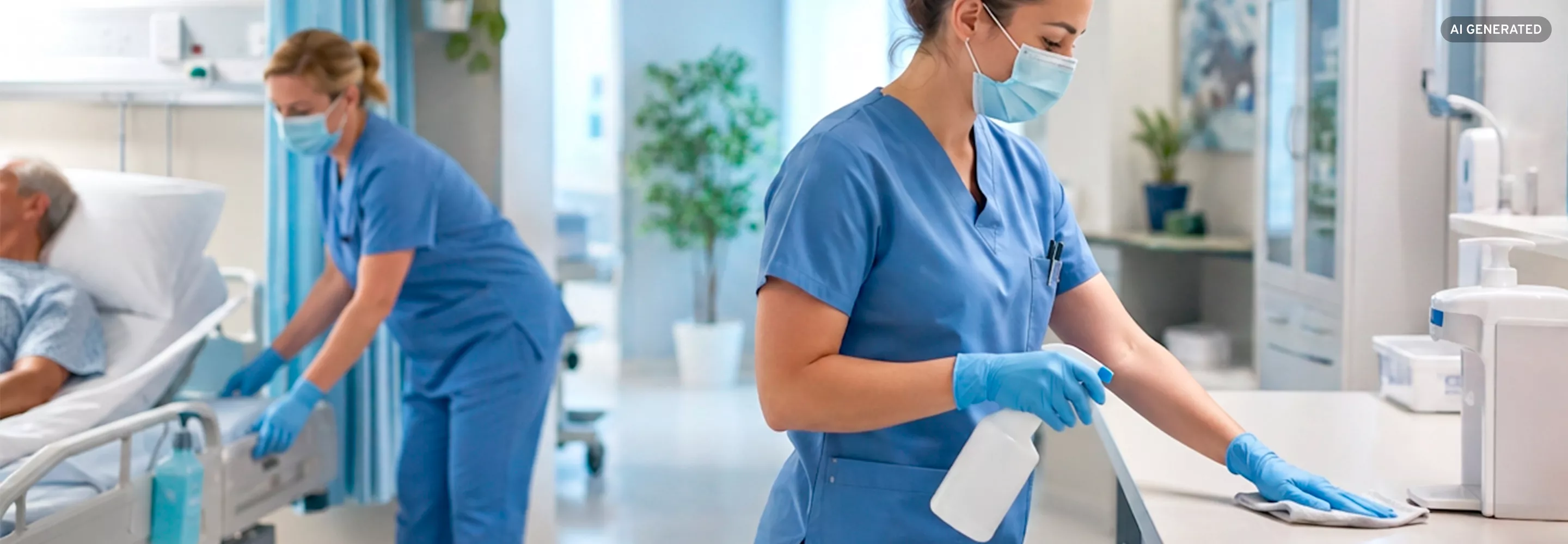 Pflegekräfte in Schutzkleidung desinfizieren Oberflächen und Patientenbett zur Einhaltung des Arbeitsschutzes im Krankenhaus