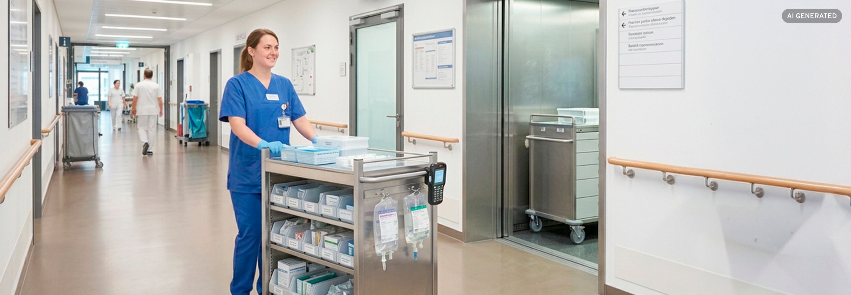 Pflegekraft transportiert Medikamentenwagen durch Krankenhausflur