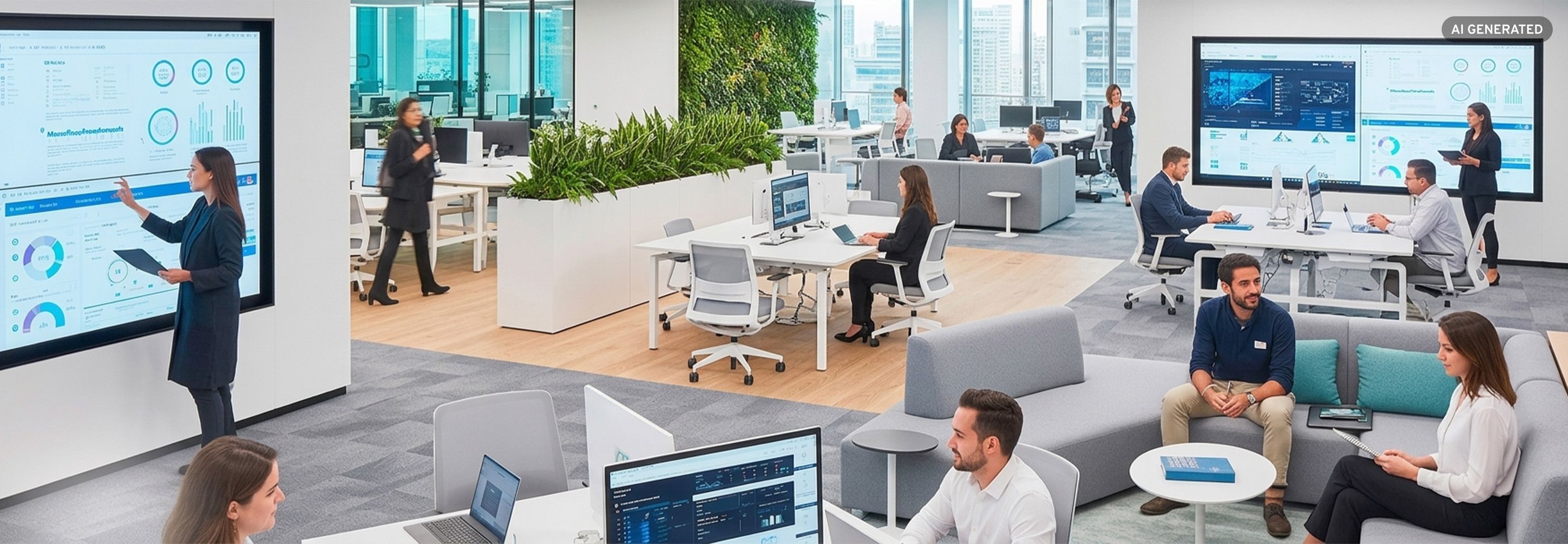 Modern gestaltetes Büro mit offenen Arbeitsplätzen, Loungemöbeln und digitalen Präsentationsflächen.