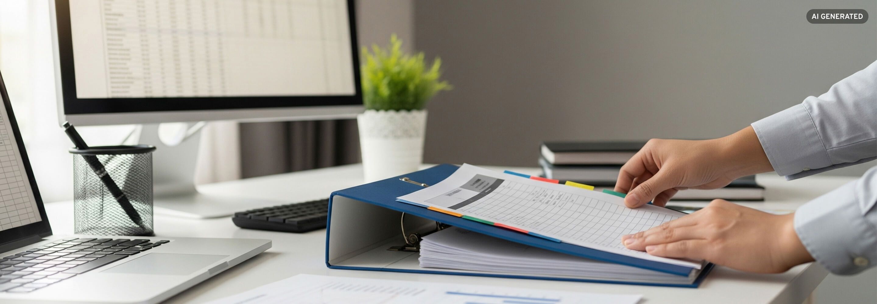 Ordentlicher Arbeitsplatz mit Laptop, Aktenordner und beschrifteten Registerblättern zur Umsetzung der 5S-Methode.