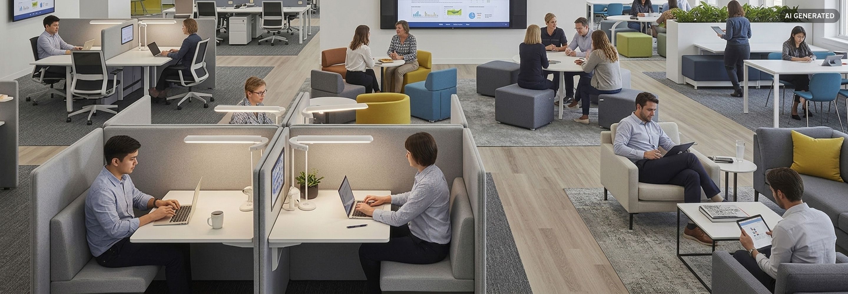 Büro mit Activity Based Working Konzept, flexible Arbeitsbereiche und verschiedene Zonen für Zusammenarbeit und Rückzug.