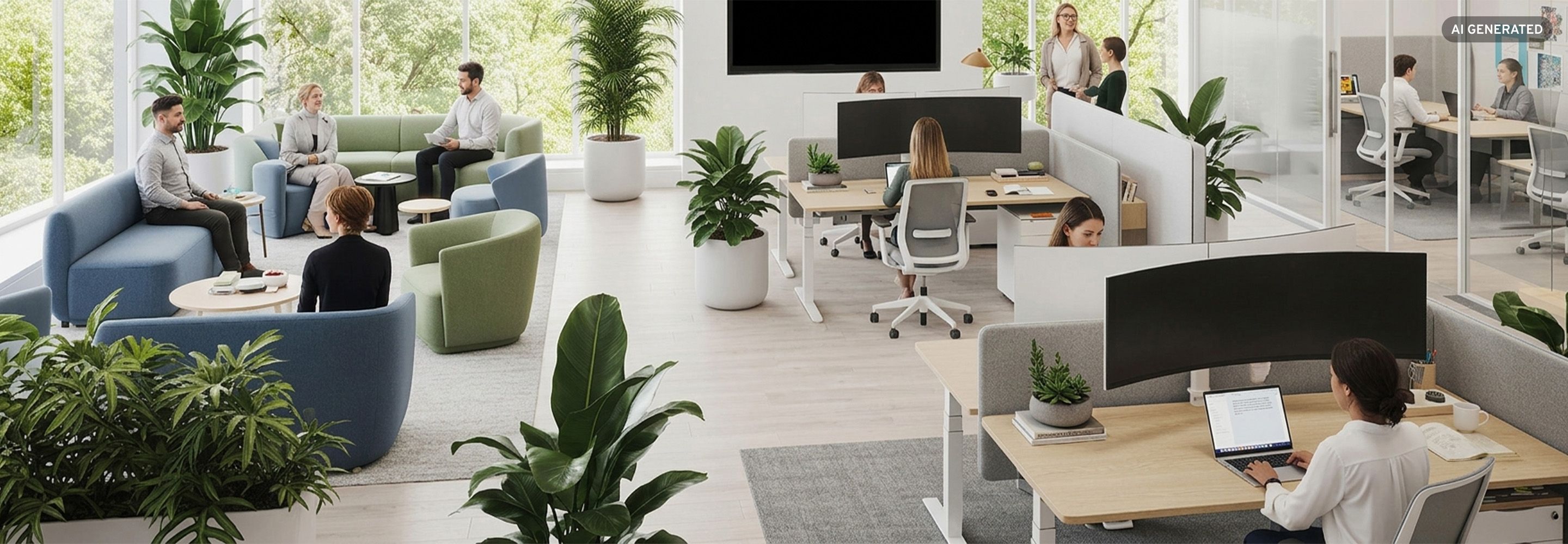 Arbeitsplatz der Zukunft mit ergonomischen Möbeln, viel Grünpflanzen und modernen Arbeitsplätzen in heller Umgebung