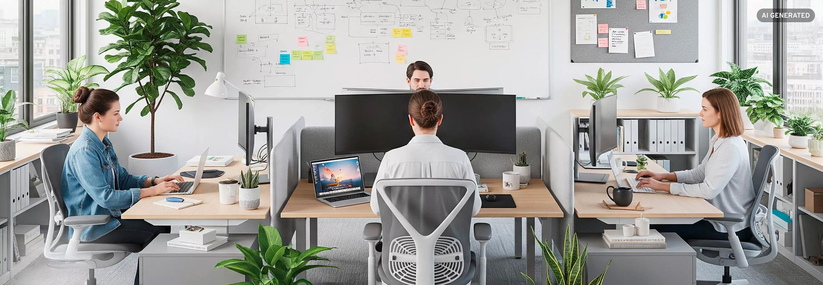 Kompaktes Büro mit ergonomischen Arbeitsplätzen, Pflanzen und Whiteboard für effiziente Teamarbeit.
