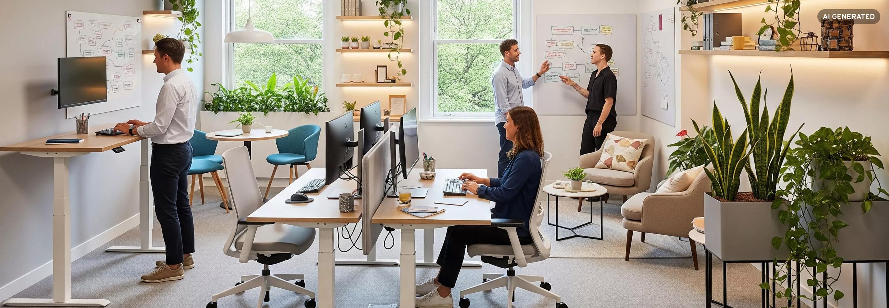 Modernes Büro mit ergonomischen Schreibtischen, Pflanzen und Teamarbeitsbereich für kreative Zusammenarbeit