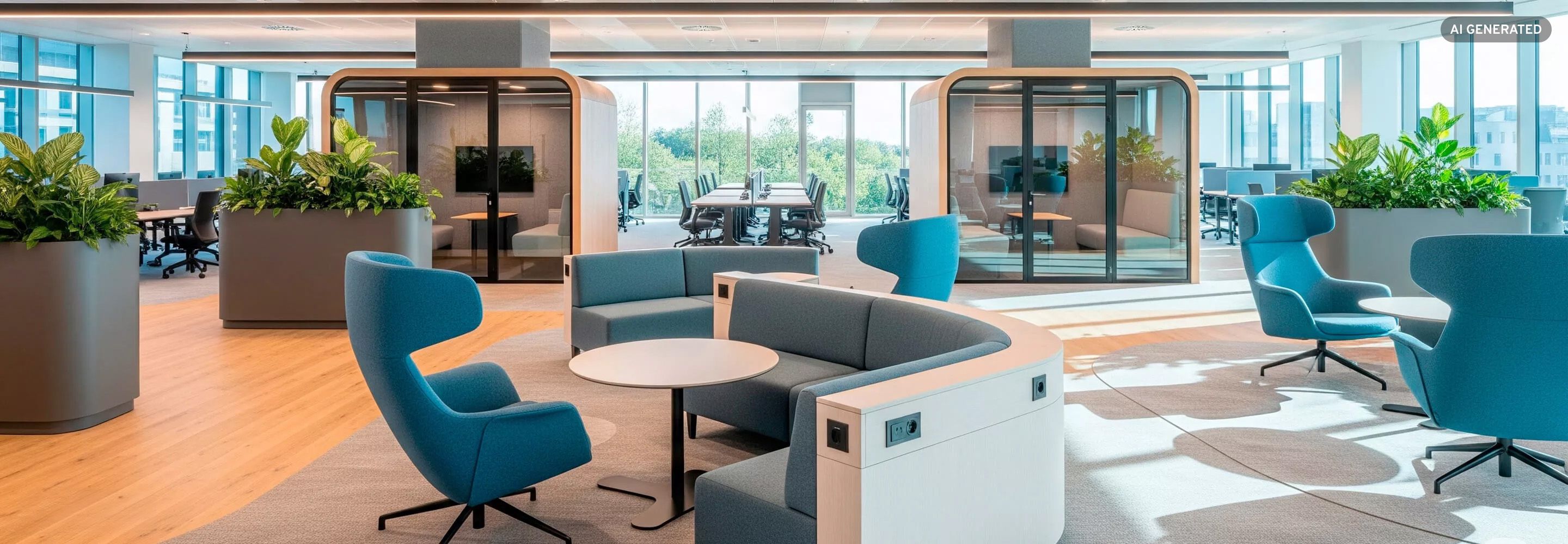 Modern gestaltetes Büro mit Loungemöbeln, Pflanzen und Meeting-Pods für flexible Zusammenarbeit