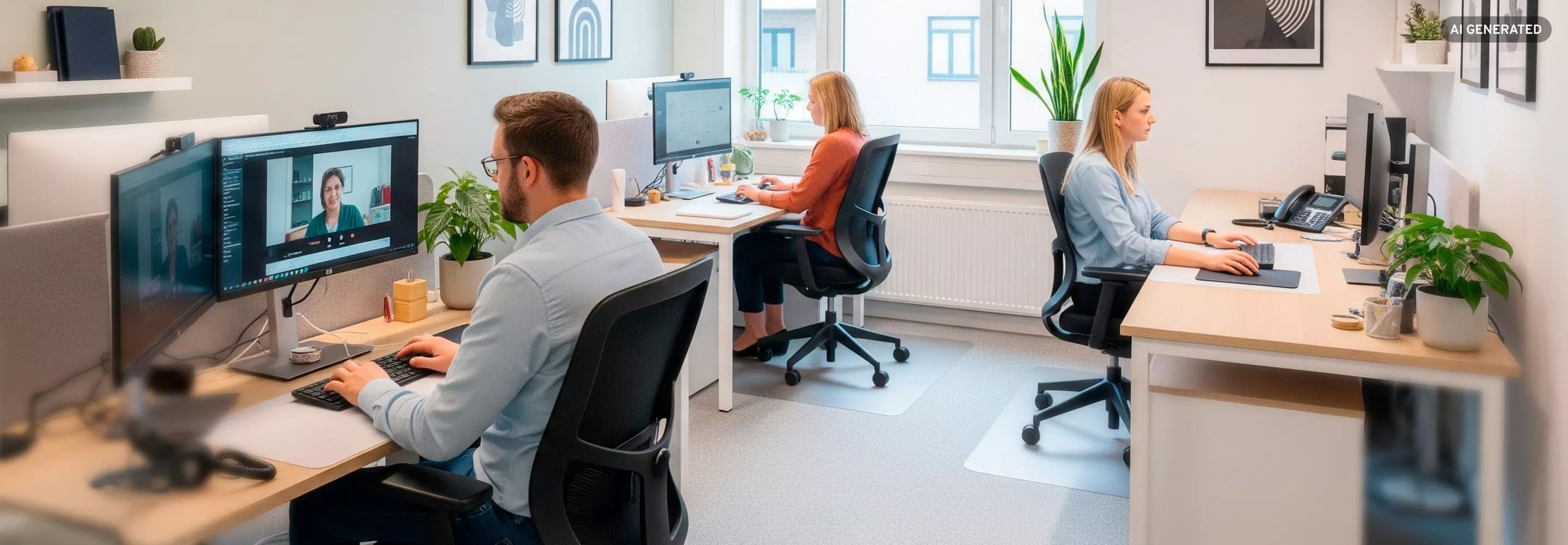 Modern eingerichtetes 3er Büro mit ergonomischen Bürostühlen, Monitoren und Pflanzen für produktives Arbeiten