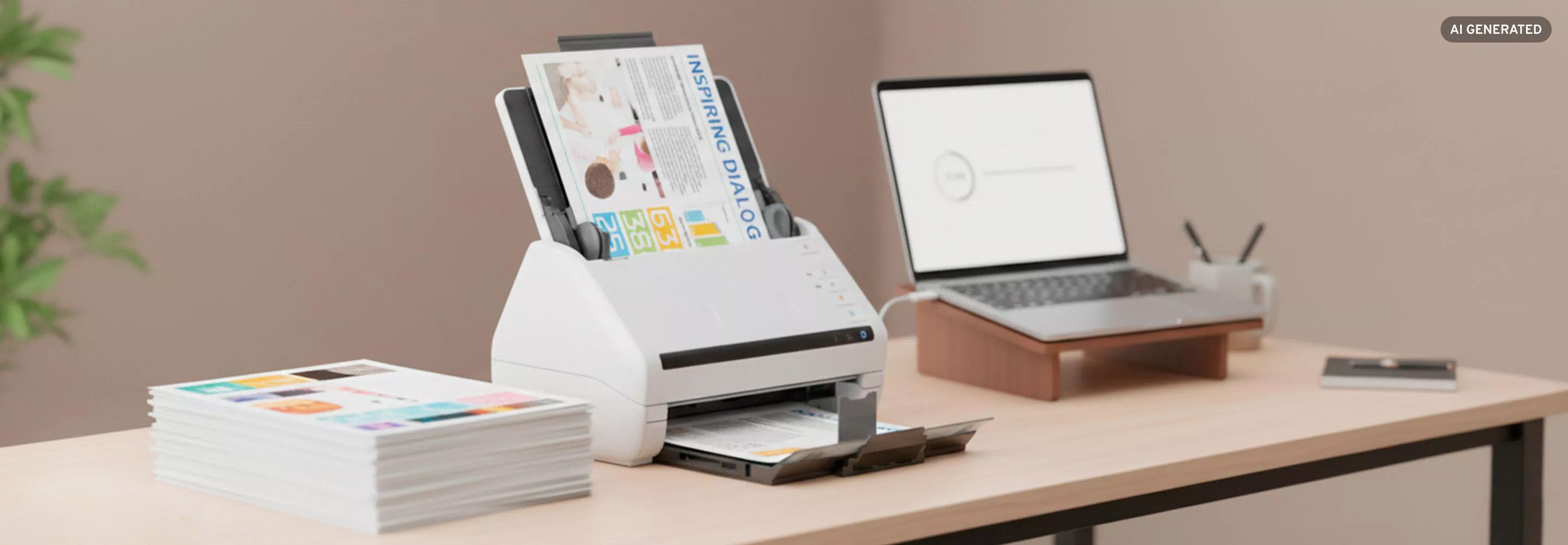 Dokumentenscanner auf Schreibtisch zum Digitalisieren von Papierdokumenten im modernen Büro