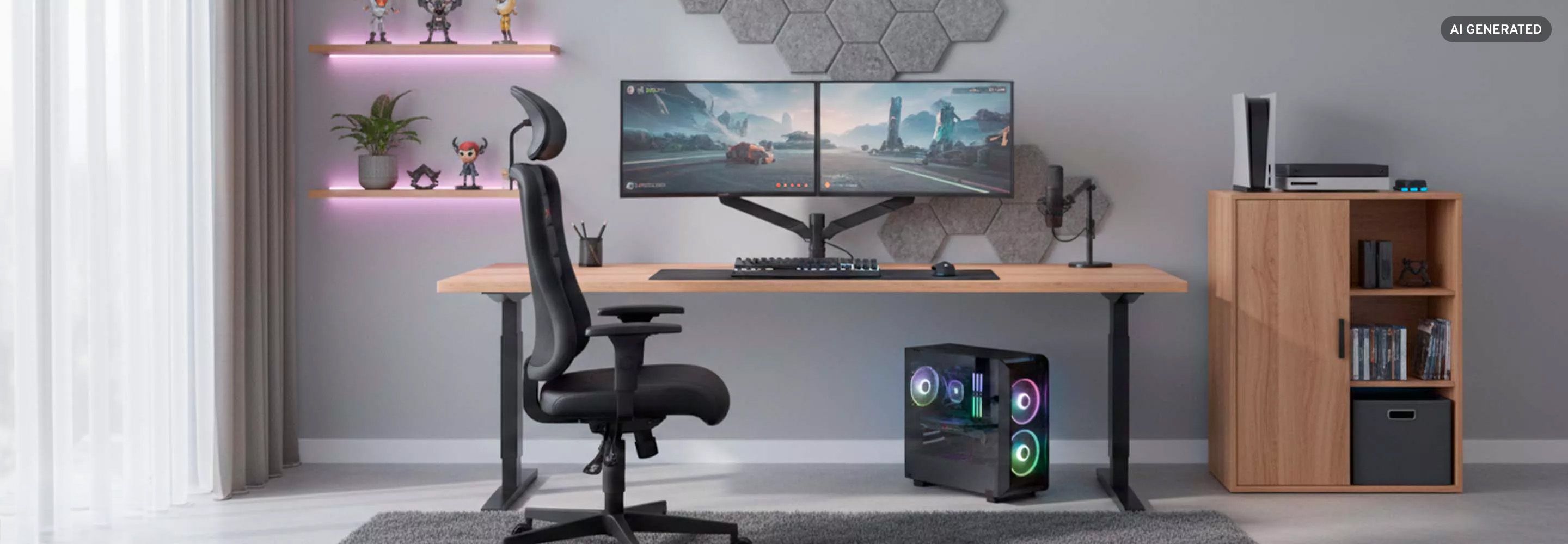 Modernes Gaming Zimmer mit höhenverstellbarem Schreibtisch, ergonomischem Stuhl und Dual-Monitor Arbeitsplatz