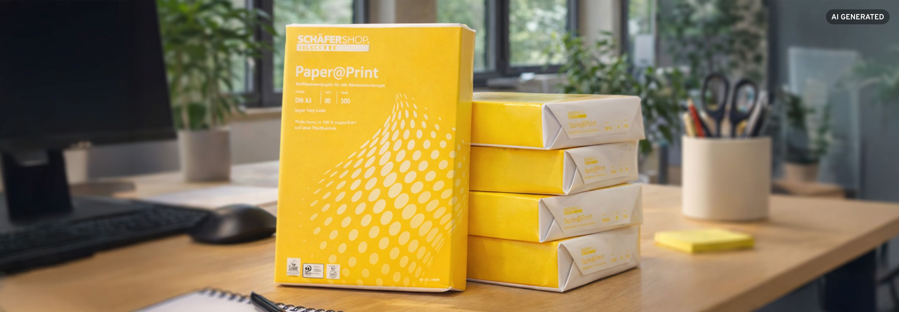 Fünf Pakete Kopierpapier liegen auf einem Schreibtisch