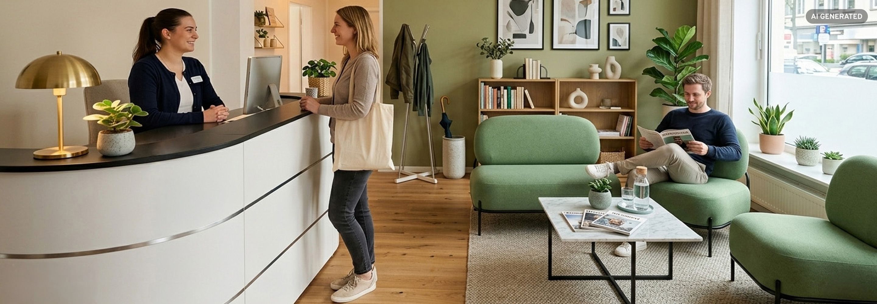 Modernes Wartezimmer mit Lounge-Sesseln, Empfangstresen und großem Display mit aktueller Wartezeit-Anzeige.