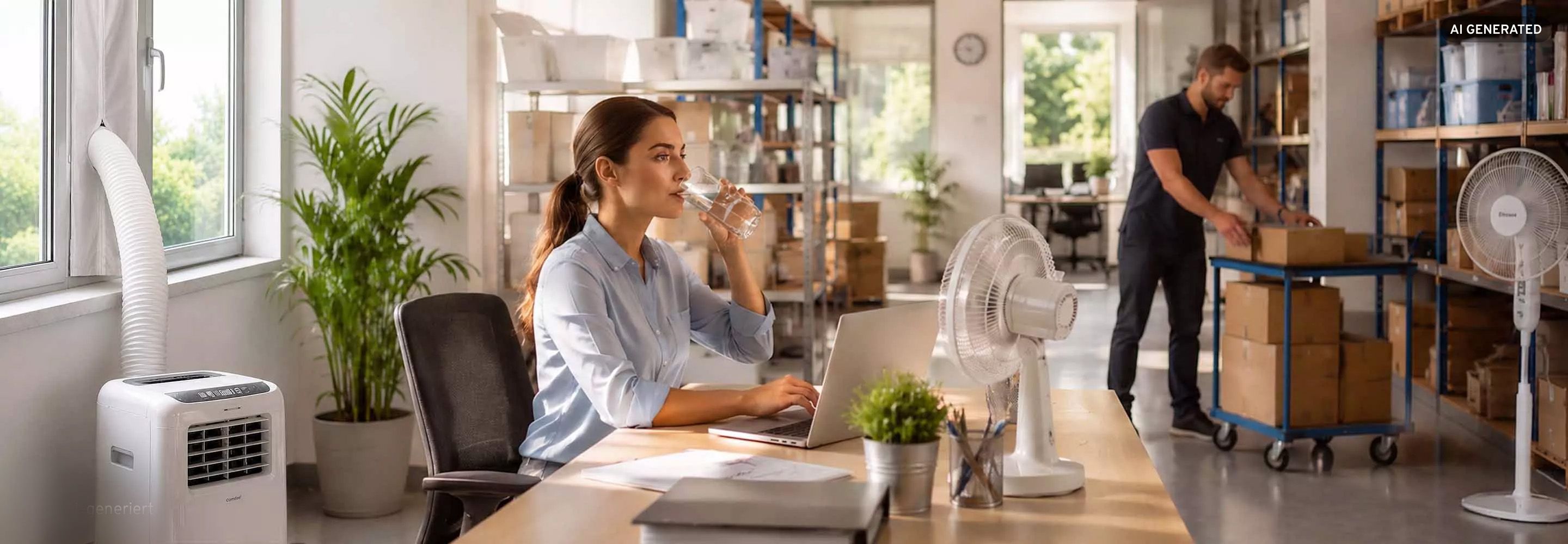 Büro- und Lagerarbeitsplatz mit mobilem Klimagerät und Ventilator