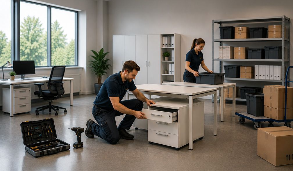 KI-generiertes Bild: zwei Schäfer-Shop-Monteure bauen Büromöbel auf und räumen Aufbewahrungsboxen ins Regal