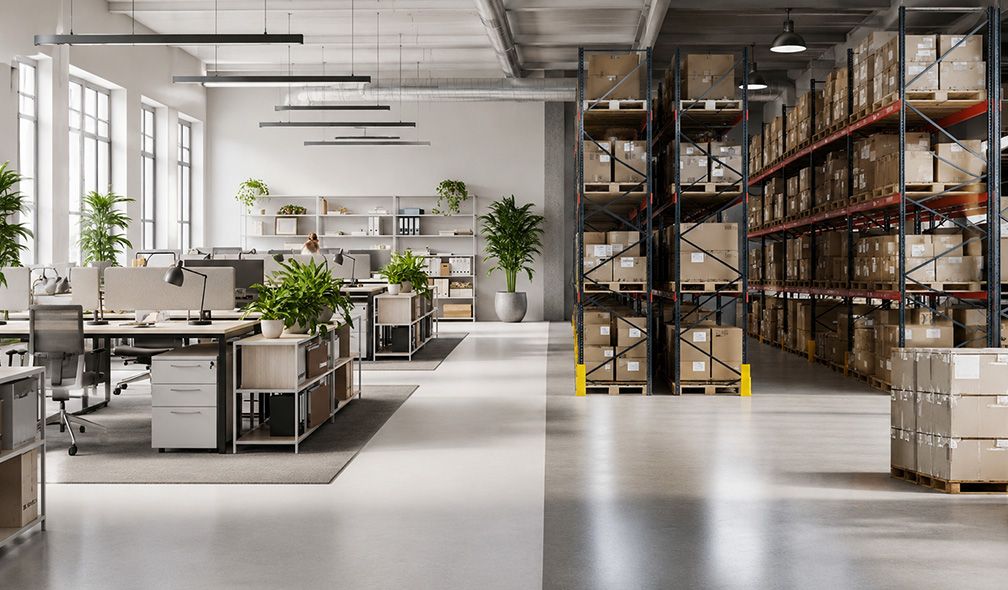 KI-generiertes Bild: kombiniertes Büro- und Lagerkonzept mit Schreibtischen und Palettenregalen