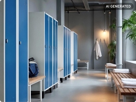 Moderne Umkleide mit blauen Spinden und Sitzbänken.