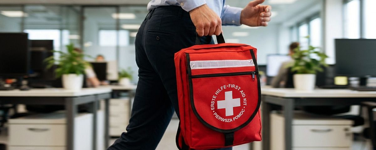 Mitarbeiter trägt einen roten Erste-Hilfe-Rucksack für die Notfallvorsorge durchs Büro