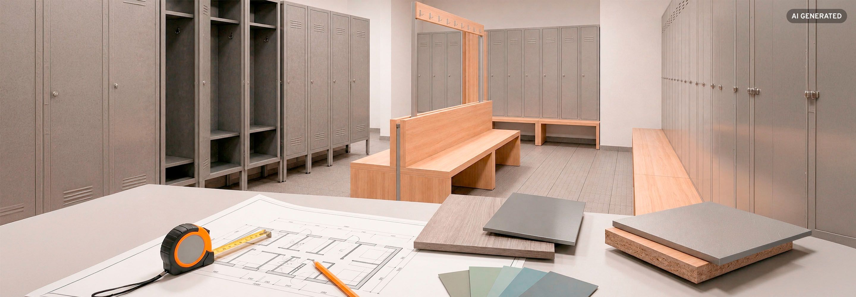 Umkleideraum mit Spindschränken und Sitzbänken, im Vordergrund Materialproben und Bauplan