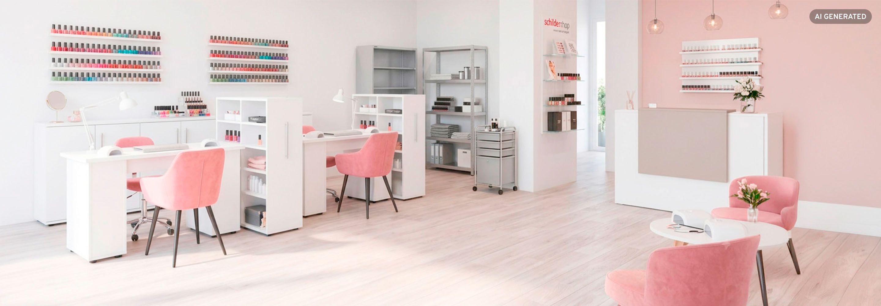 Modern eingerichtetes Nagelstudio mit Regalen für Nagellack und Empfangstheke
