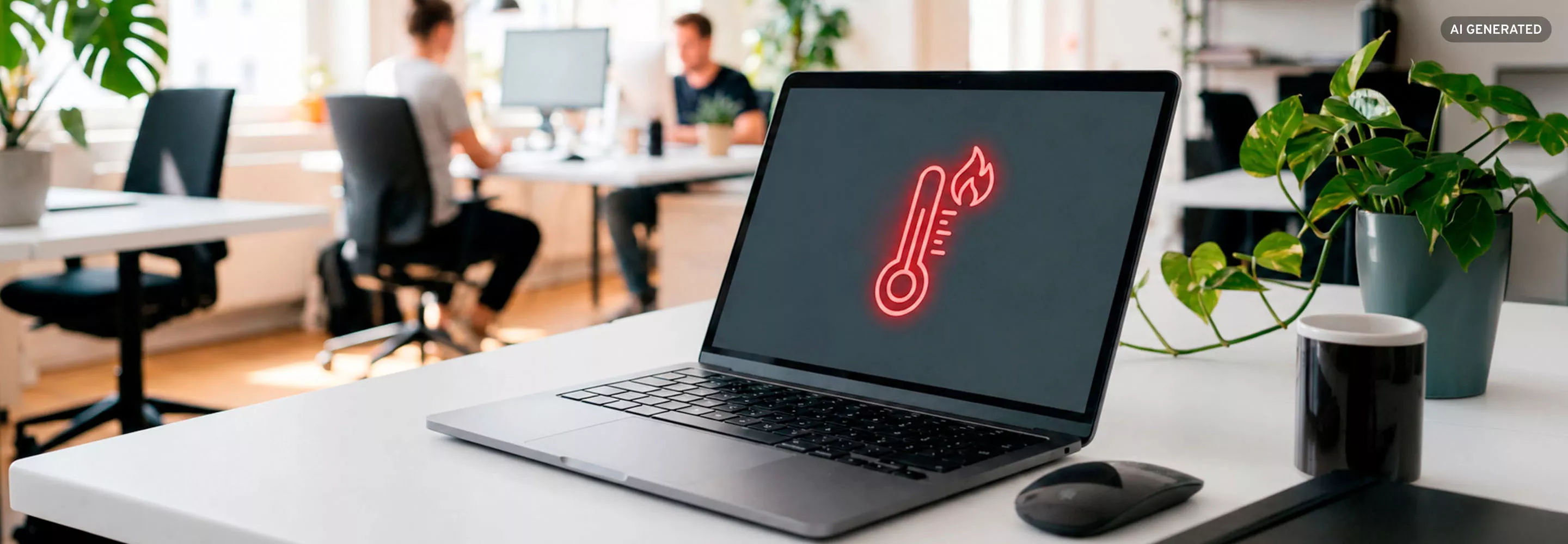 Laptop mit rotem Überhitzungssymbol auf dem Bildschirm im Büro
